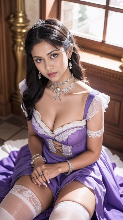 Arapefi, （light Purple princess dress，1.5）， Look up at the camera， wearing high heels，choker necklace，ssmile，Close up from above，next to a window, In the castle, Sense of transparency，（small breasts:1,2），Expose cleavage，Turn around and look at the camera，tmasterpiece，Flawless，Sense of transparency，Empty inspiration，More details and decoration，Exposing thighs，8K，（Wear decorations such as rings，1.9），White-colored skin，Ornate ornament，White waist stockings，one-girl，(Dissection is correct，PremiumQuality, high detal, Masterpiece）