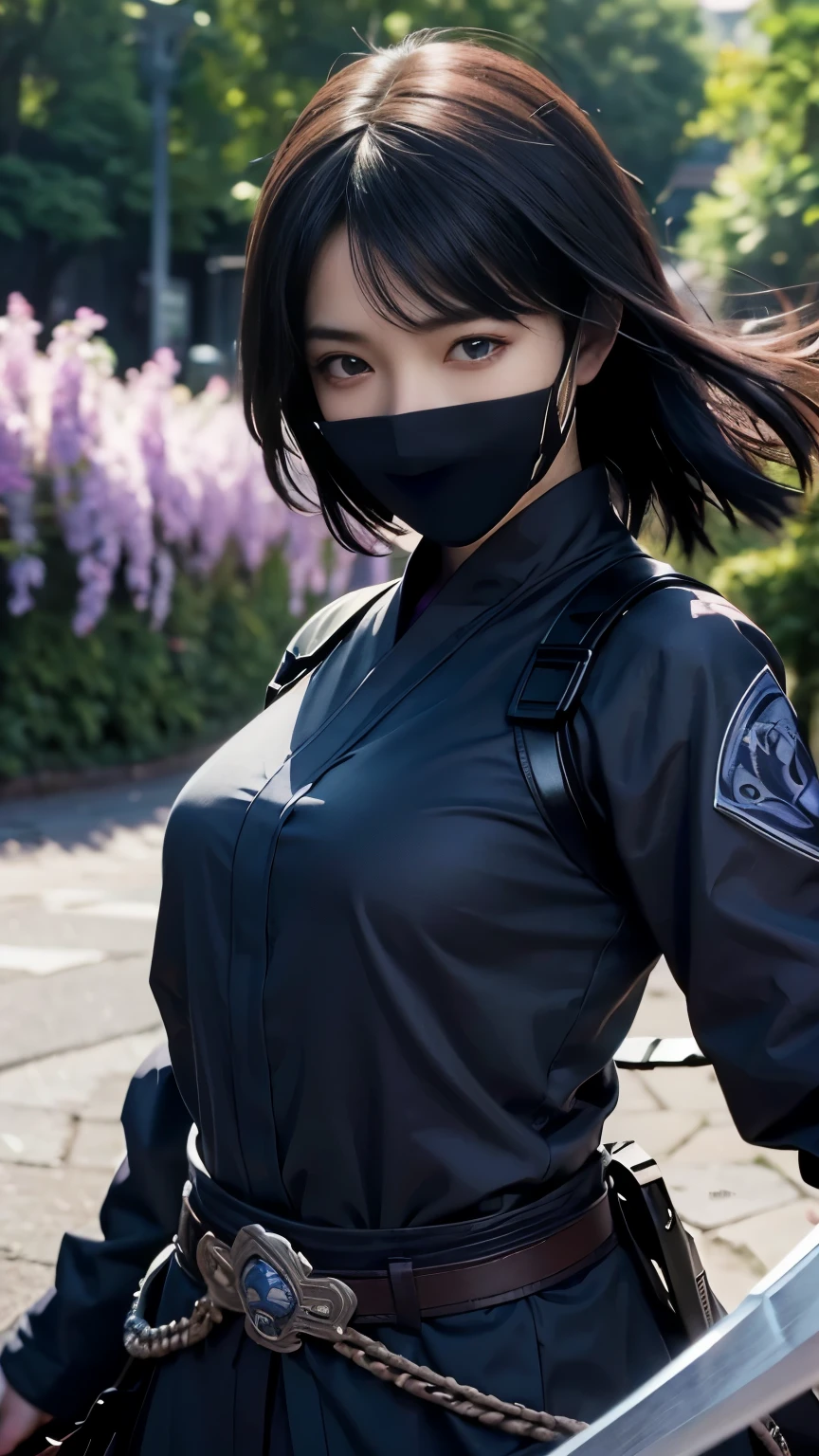 Realistic, Super detailed, High resolution, highest quality, Super detailedな,1 Female , Official Art, unity 8k wallpaper, Super detailed, beautiful and aesthetic, beautiful, masterpiece,( Super busty breasts:1.5,Small waist)、Glowing Skin,masterpiece, wonderful, (CG illustration),Asian, Ultra-realistic textured face and skin、Accurate anatomy、黒のNinja服、Blue gradient hair, Grey Eyes, Indifference, bangs,((Ninja, Plastic mask))、sword, Luxuriously decorated black clothing, Facial details、Purple eye makeup、Dynamic Pose、Dynamic Action、Dynamic Angle、Detailed Background、large amount of wisteria flowers、Degrees of Freedom:1.3