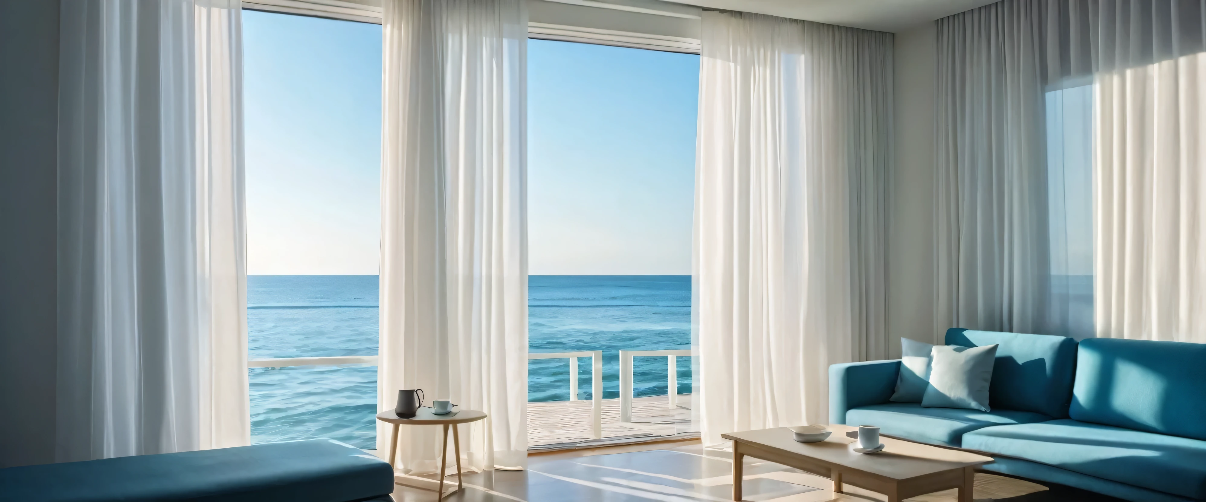 darkroom,morning, table,There are latte coffee in white porcelain cups and small potted plants on the table. a cup oF coFFee, soFt shadow, Stylish and modern, luminous screen, cold blue light, flowing transparent white curtains.Looking out the window at the fresh morning seaside scenery,, Very detailed,tonal texture