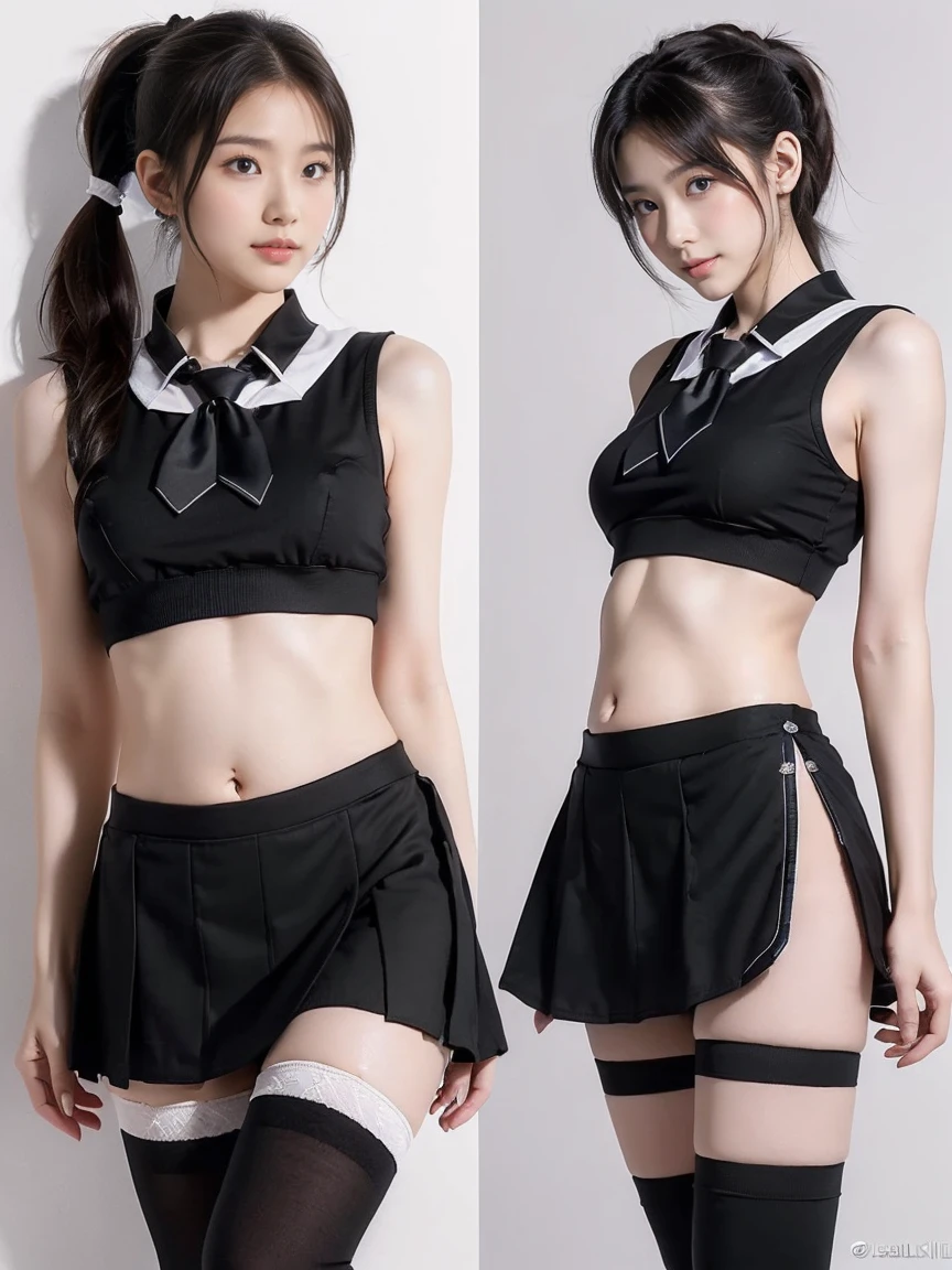 ((((8k))),((Extremely detailed CG)) ,(high school girl:1.2)),16k,((Very sophisticated and beautiful))，(((masterpiece))),(((highest quality))),(((超High resolution))),Beautiful lighting,Perfect Lightning,Realistic shadows,[High resolution],(Smooth and perfect white skin:1.5),(Pale skin:1.3),Extremely detailed facial details,(Perfect body:1.1),Super detailed,Beautiful woman,alone,,(ponytail、medium hair:1.5),Exquisite makeup,(Medium chest,Small waist:1.1),slim,thin,Happy,(smile:1.0),(Thin legs:1.1),(whole body:1.1),(Gaunt:1.1 ), (Skinny:1.1),(Narrow shoulders:1.4),(A tight fitting black sailor suit:1.1),((underboob:1.4)),((belly button:1.4)),((,Black Plate Short Skirt:1.4))((Fleet Collection,Kantai Collection,Yao:1.2)),((Black knee-high socks:1.4)),((standing,multiple views:1.4)),((White triangle tie:1.1）