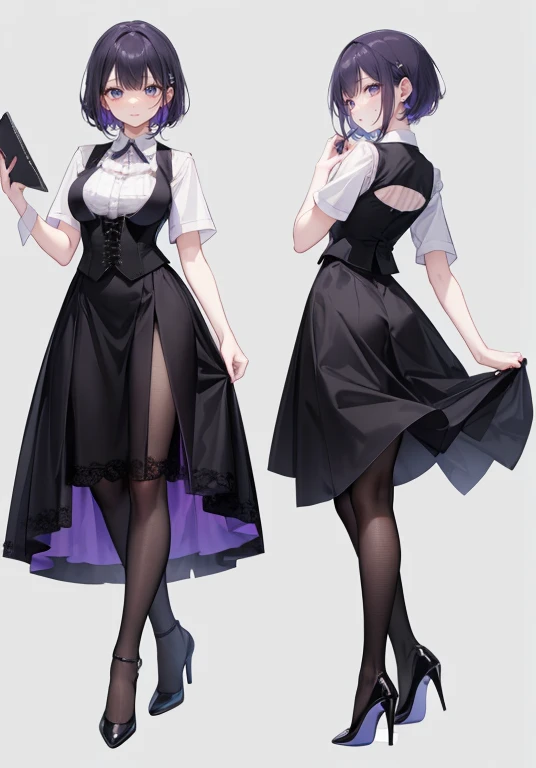 Purple hair,voluminous short hair,Adult female,bartender,(((A black vest with a closed front))),((Roll up your sleeves)),(Corset),(Tight skirt),(high heels),The heel is visible,((Simple background)),Smile,((Full body)),((whole body)),Character Sheet,