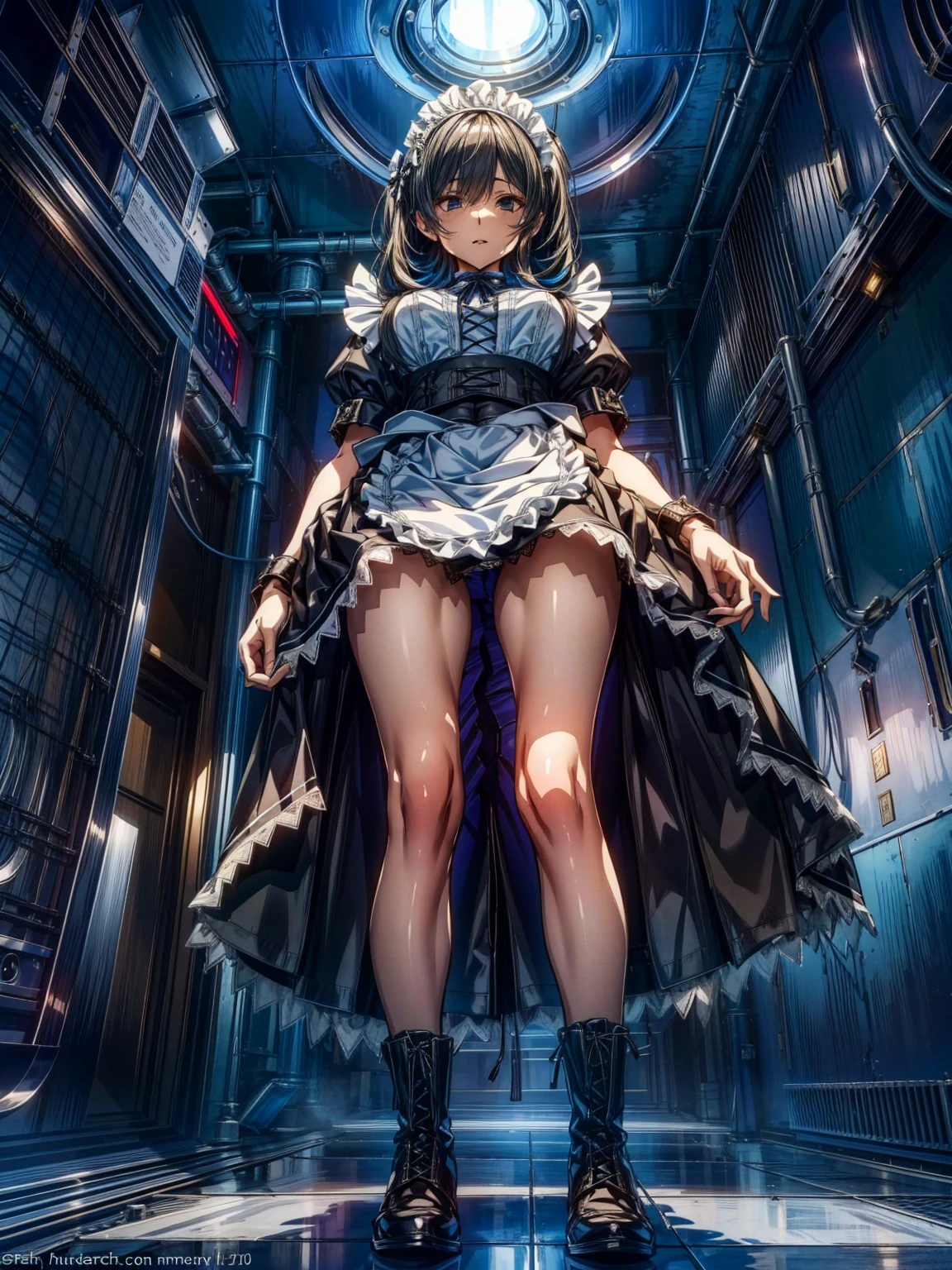 (Perfect Anatomy:1.2, highest quality),(Maid leotard details:1.6),One Girl,alone,Long Hair:1.5, (Short sleeve, Thighs,Maid Cufflinks),,Hypno Lola, Hollow Eyes,(High heel lace-up boots:1.4), (Without skirt:3.0),Dark aura,Leotrad,,From below,love for viewers,Looking down,(In the
research evil facility:1.8)