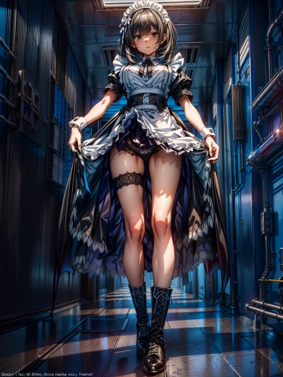 (Perfect Anatomy:1.2, highest quality),(Maid leotard details:1.6),One Girl,alone,Long Hair:1.5, (Short sleeve, Thighs,Maid Cufflinks),,Hypno Lola, Hollow Eyes,(High heel lace-up boots:1.4), (Without skirt:3.0),Dark aura,Leotrad,,From below,love for viewers,Looking down,(In the 
 research evil facility:1.8)