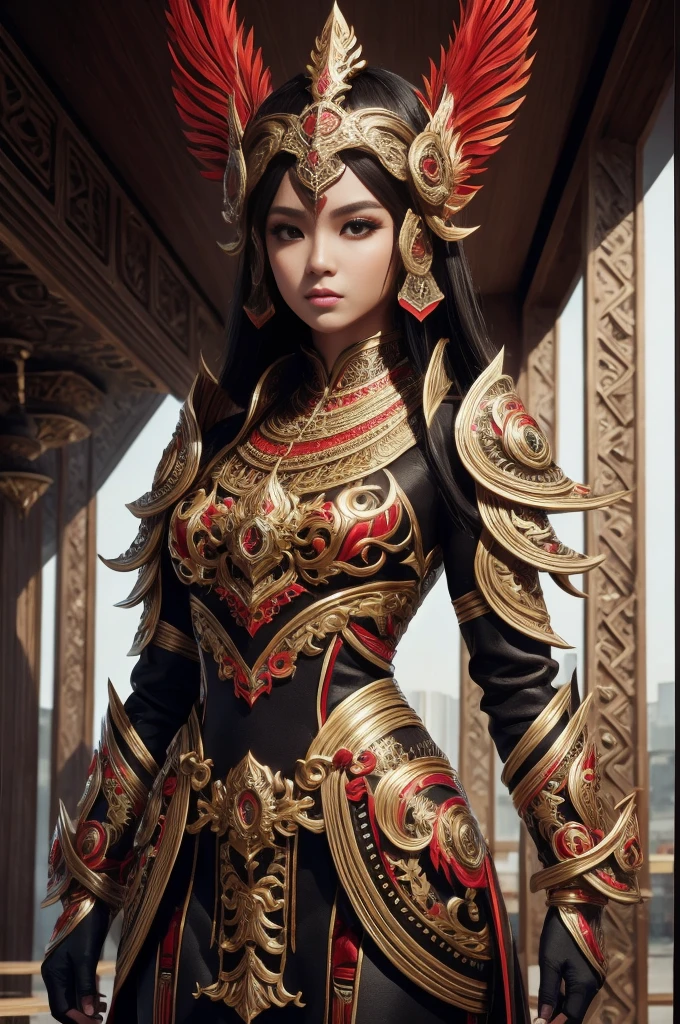 Indonesian style futuristic set,Girls wearing,Reflecting cultural integration and modern fashion. The suit is decorated with intricate patterns and bright colors, Showcasing Indonesia’s rich cultural heritage. The girl stood confidently,Strike a dynamic pose, Her meticulous eyes reflect determination and curiosity. The suit is made from a combination of traditional textiles and future synthetic fibers., Giving it a unique and edgy look. Overall image quality is of the highest standard, Sharp focus,Detail rendering. This artwork uses physically based rendering techniques, Produces realistic lighting and shadows. Bright colors, Capturing the essence of Indonesian cultural aesthetics. The background combines modern architecture and traditional elements, Creating a fusion of the past and the future. The theme explores the intersection of Indonesian culture, Futuristic design, And the artistic image of a confident girl.