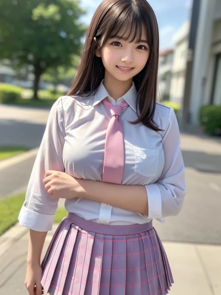 8K, highest quality, The real picture, Intricate details, Very detailed, Ultra-high resolution, Depth Field,(Realistic,Realistic:1.2),Tabletop , (Full Body Shot) , From the middle , 1 girl, eye_Chan, Very beautiful 17 year old girl, innocent big eyes,、Beautiful breasts:1.5、非常に詳細なeye:1.2)、(Beautiful breasts:1.1)、((Brown Hair))、(Semi-long hair), Asymmetrical bangs, Perfect Skin, Fair skin, Small breasts, Tight waist, alone, Staring at the audience, (smile)、((School_uniform), (White shirt、Wear a tie), (Blue and pink checkered pleated micro mini skirt), ((Fold your arms in front of your chest and act arrogantly)), ((楽しそうなsmile))