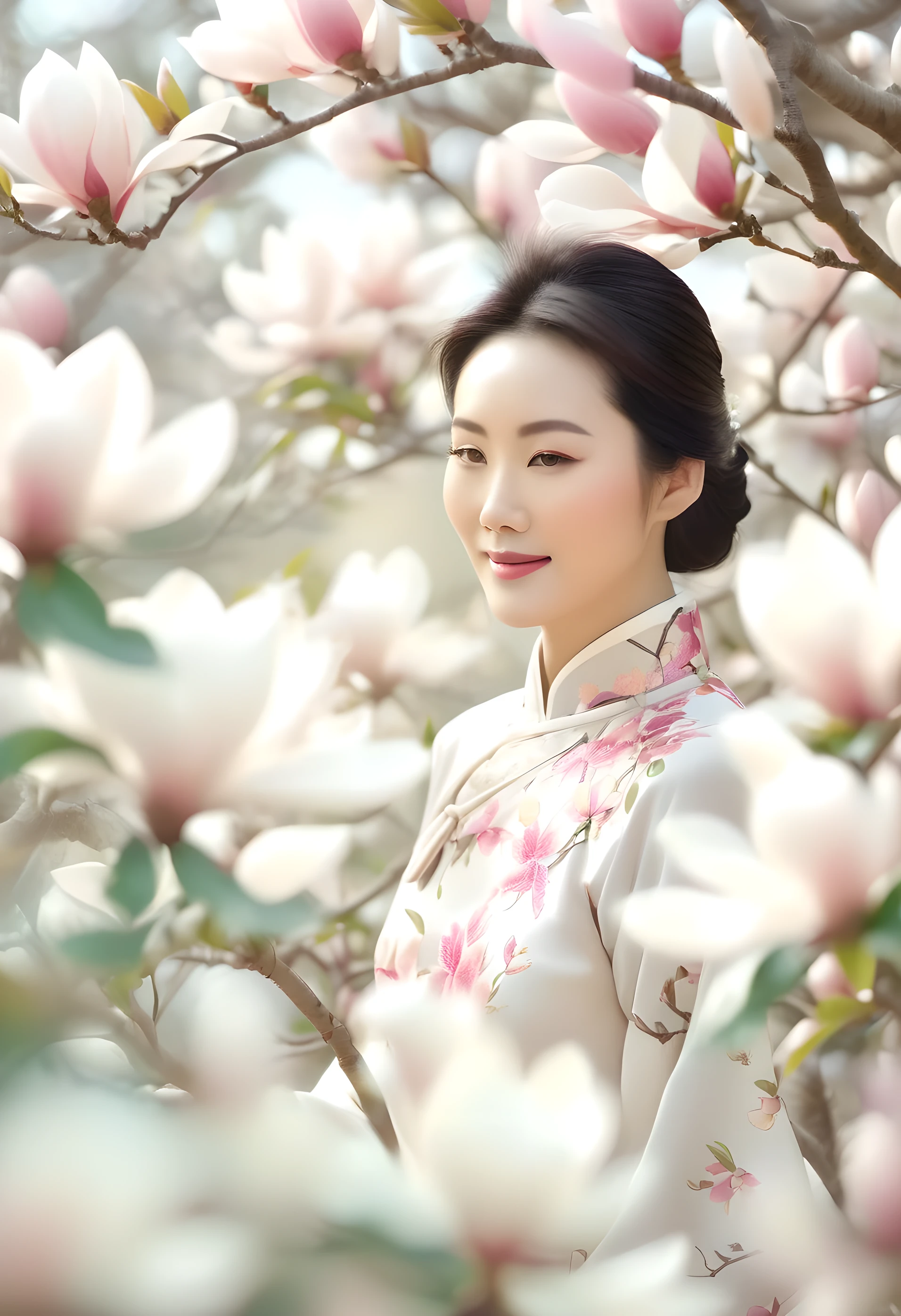 A beautiful Chinese beauty，Standing among the magnolia trees，dignified，Tranquility，Smile，peaceful，Soft colors，4k