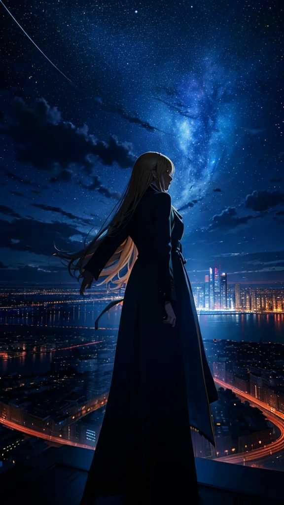 1people々々々々々々々々々々々々々々,Blonde long-haired woman,Long coat, Dress Silhouette, Rear View,Space Sky, comet, Anime Style, City night view from the rooftop,A pillar of light stretching into space,