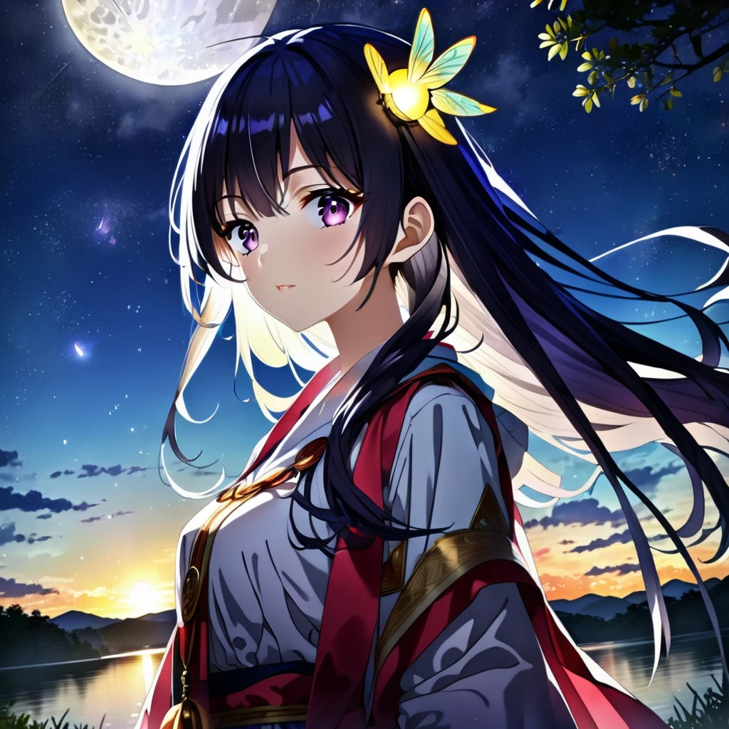 anime、Vibrant colors、Cool beauty、17 years old、Black Hair、Long Hair、Straight Hair、The bangs are cut above the eyebrows、Narrow eyes、Slanted Eyes、Bright eyes、Sharp Eyes、Sparkling eyes、Large Breasts、Night Sky、full moon、Looking up at the sky、Miko costume、summer、forest、river、100 fireflies flying around