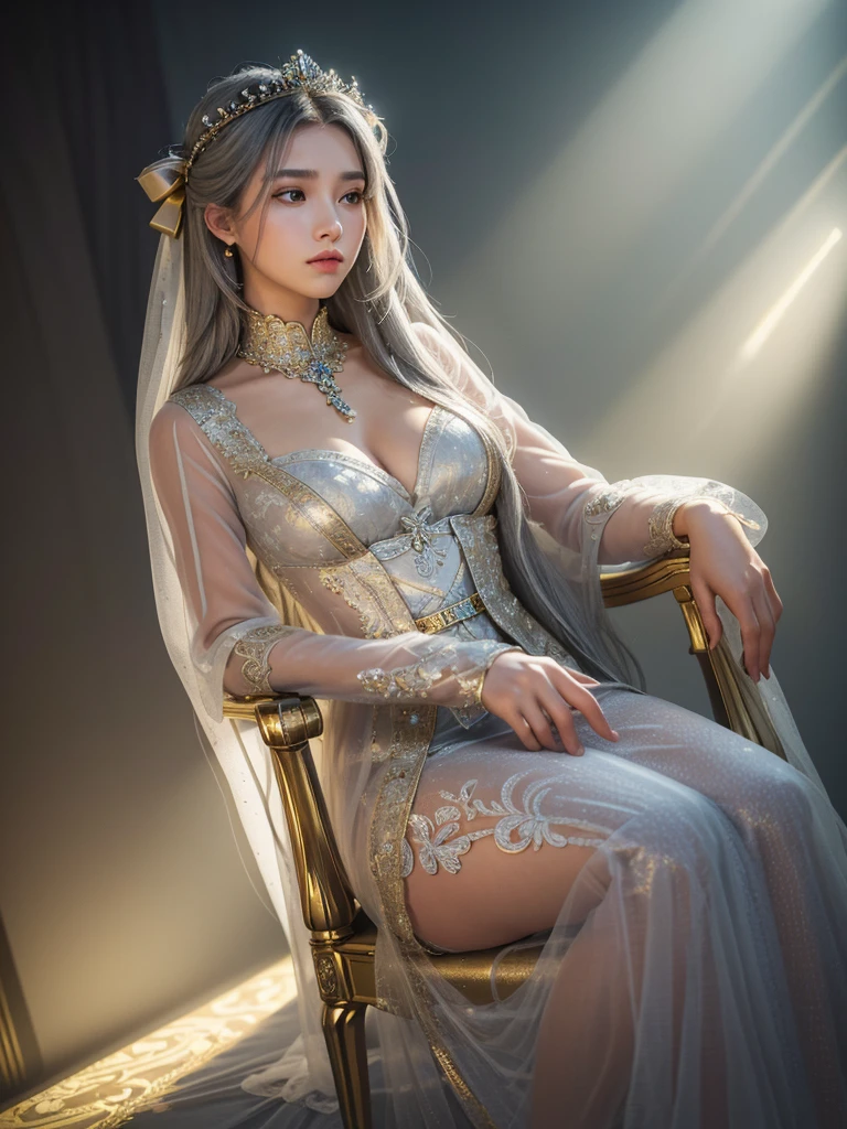 masterpiece: 1.2), best quality, (illustration: 1.2), (Super detailed), Super detailed, (Fine details), (Intricate details), (light, best quality backlight), Clear boundaries, from below, soloist, Perfect body, (1 girl), Gray hair and yellow eyes, (emperor, Black see-through clothes), , Sitting on the throne, close your eyes slightly, bow your head, ( Shy: 1.2), (cosmetic), High contrast, (Optimal lighting, Very creative and beautiful), (light), rich and colorful,