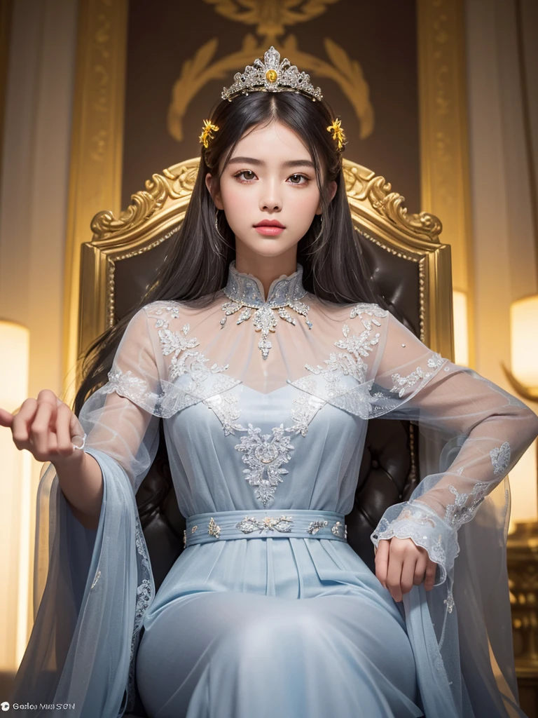masterpiece: 1.2), best quality, (illustration: 1.2), (Super detailed), Super detailed, (Fine details), (Intricate details), (light, best quality backlight), Clear boundaries, from below, soloist, Perfect body, (1 girl), Gray hair and yellow eyes, (emperor, Black see-through clothes), , Sitting on the throne, close your eyes slightly, bow your head, ( Shy: 1.2), (cosmetic), High contrast, (Optimal lighting, Very creative and beautiful), (light), rich and colorful,