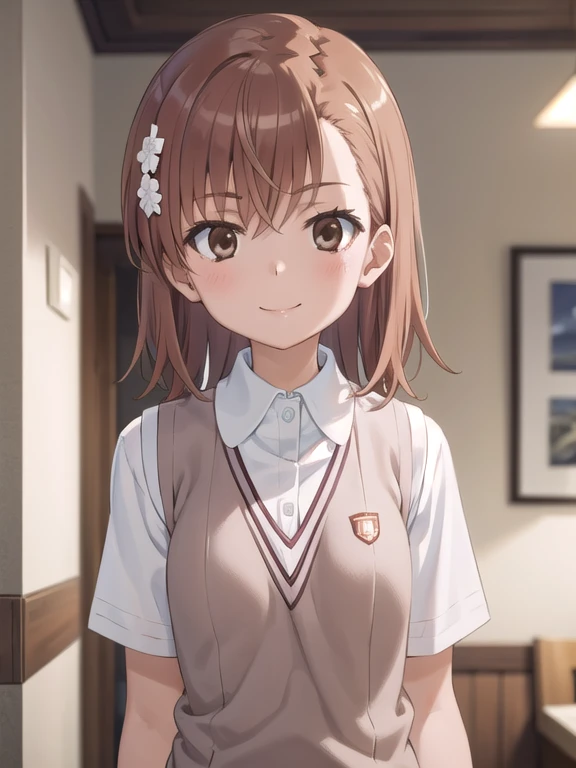Masterpiece hd, solo, 1girl, misaka mikoto, tokiwadai, wear white collared shirt, wear brown vest, bow, looking at viewer,, smile, upper body, standing, indoor