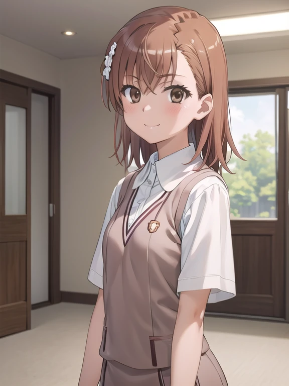 Masterpiece hd, solo, 1girl, misaka mikoto, tokiwadai, wear white collared shirt, wear brown vest, bow, looking at viewer,, smile, upper body, standing, indoor