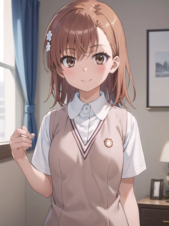 Masterpiece hd, solo, 1girl, misaka mikoto, tokiwadai, wear white collared shirt, wear brown vest, bow, looking at viewer,, smile, upper body, standing, indoor