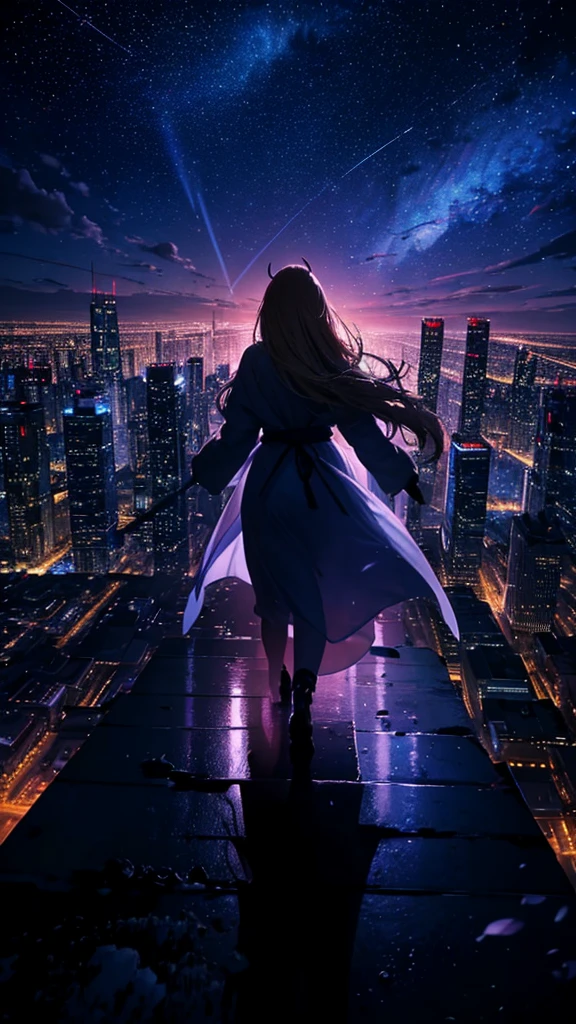 1people々々々々々々々々々々々々々々,Blonde long-haired woman,Long coat, Dress Silhouette, Rear View,Space Sky, comet, Anime Style, City night view from the rooftop,A pillar of light stretching into space,