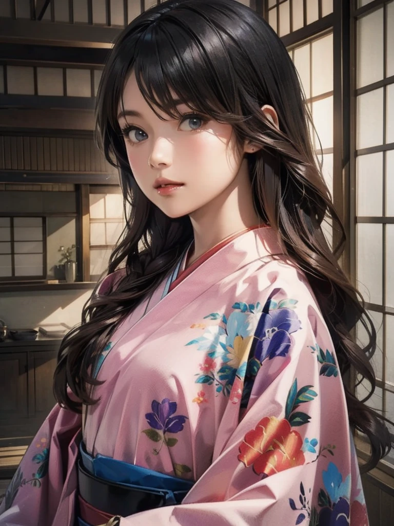 (highest quality、8k、32k、masterpiece)、(masterpiece,up to date,Exceptional:1.2), anime,One girl,Front hair,black_hair, Beautiful 8k eyes,Looking_in_Audience,One person in,Are standing,((Very beautiful woman, Fuller lips, Japanese pintern kimono))、((Colorful Japanese kimono)))、(((Medium Shot)))、Blunt bung、(High resolution)、Very beautiful face and eyes、1 girl 、Round and small face、Narrow waist、delicine body、(highest quality high detail Rich skin details)、(highest quality、8k、Oil paints:1.2)、Very detailed、(Realistic、Realistic:1.37)、Bright colors、(((blackhair)))、(((Long Hair)))、(((cowboy pictures)))、((( Inside an old Japanese house with a (short focus lens:1.4),)))、(masterpiece, highest quality, highest quality, Official Art, beautifully、aesthetic:1.2), (One girl), Very detailedな,(Fractal Art:1.3),colorful,Most detailed,Sengoku period(High resolution)、Very beautiful face and eyes、1 girl 、Round and small face、Tight waist、Delicine body、(highest quality high detail Rich skin details)、(highest quality、8k、Oil paints:1.2)、(Realistic、Realistic:1.37)、Greg Rutkowski Written by Alphonse Mucha Ropp,short ,(focus lens:1.4),uchikake,nishijin ori,(realistic light and shadow), (real and delicate background),(muted colors, dim colors, soothing tones:1.3), low saturation, (hyperdetailed:1.2), (noir:0.4),drow,blurry_light_background,lens flare, (vibrant color:1.2), cinematic lighting, ambient lighting,Single Shot,Shallow Focus,pink lip,blurry light background,ethereal background, cinematic shot, ,Retro Art-style,Shot with medium format camera,break pastel,perfect light,cartoon,anime,graffiti,guweiz style,head to thigh portrait
