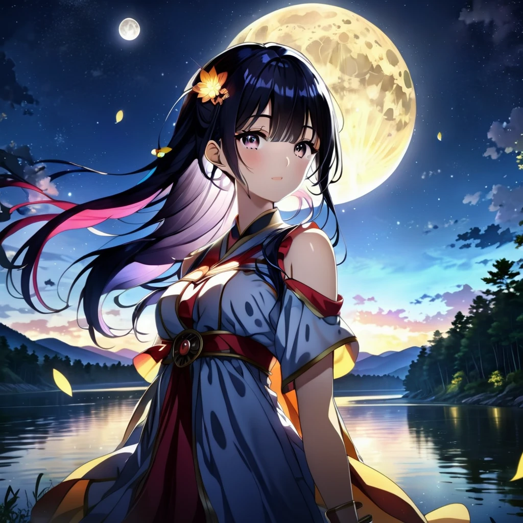 anime、Vibrant colors、Cool beauty、27 years old、Black Hair、Long Hair、Straight Hair、The bangs are cut above the eyebrows、Narrow eyes、Slanted Eyes、Bright eyes、Sharp Eyes、Sparkling eyes、Large Breasts、Night Sky、full moon、Looking up at the sky、Miko costume、summer、forest、river、100 fireflies flying around