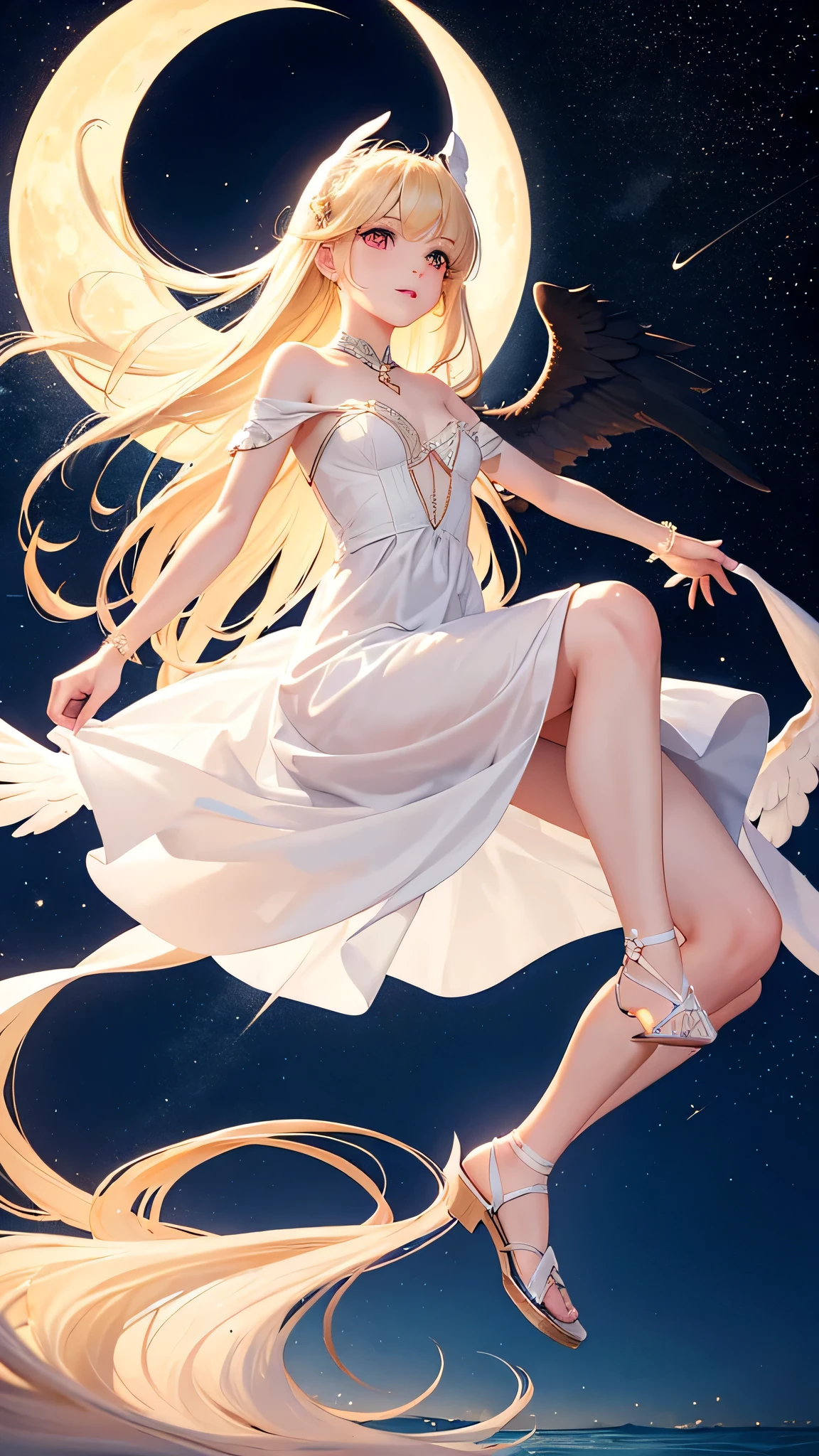 Professional fashion portrait, innovative fashion, amazing quality, best quality, high quality, beautiful color, aesthetic, detailed, sci-fi theme,
BREAK
[by rella:by alphonse:0.7], [realistic:photorealistic:0.7],
BREAK
1girl, solo, beautiful, elegance, aesthetic, mysterious, ethereal, detailed face, detailed eyes, looking away, very long hair, white hair, floating hair, hair between eyes, pale skin, angel, angel wings, feathered wings, angel ring, sitting, barefoot, soaking feet,
BREAK
white dress, bare shoulders, Tiered ruffle maxi dress, designed by Bianca Saunders,
BREAK
outdoors, blue sky, cloud, cloudy sky, star(sky), halo, floral, flowers, water, ruins,
BREAK
Depth of Field, sharp focus, cinematic quality, fine texture, crisp detail, <lora:Rella:0.15>,