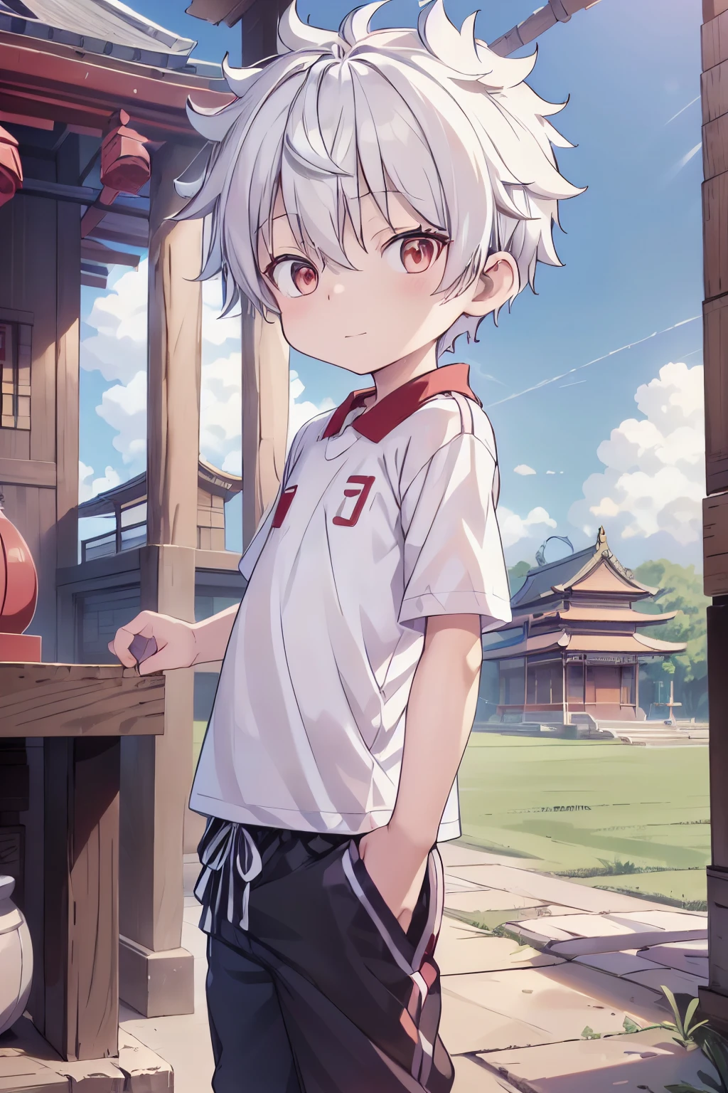 1boy, aoi, masterpiece, ultra detail, male focus, soccer shirt, adorable captivating, white hair , red eyes , white albine skin, japanese style, go to temple in Thailaand