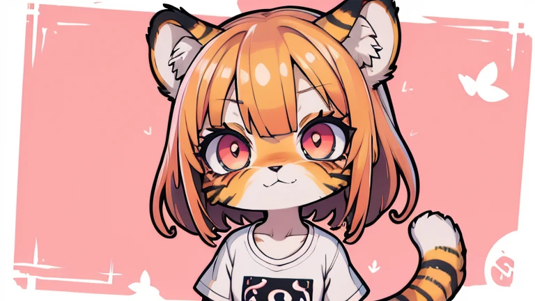 (obra maestra, Alta calidad, mejor calidad, 8K, high resolution), ((estilo chibii, Chibi lindo)), (solo, 1 girl), {Tiger Girl, cara de tigre, 2 colmillos, long eyelashes, delineador de ojos} {bigotes de tigre}, (((Piel de tigre por todo el cuerpo., Rayas de tigre en el cuerpo.))), (pelo naranja), cabello corto, Pinza para el cabello, [[Pinza para el cabello white flower on hair]], ((Muy feliz)), ((boca abierta)), ojos naranjas, [pupilas negras], ((buscando)), (very small breasts), brazos delgados, (un brazo arriba, un brazo hacia abajo), axilas, ((mini camiseta rosa, camiseta rosa completa)), {shorts blancos}, {{{mini cola de tigre, Cola en la espalda}}}, (cuerpo completo), (((de pie, jump angle))), dynamic pose, Fondo blanco, fondo sencillo, ((((Estilo Tora-chan no Hanayome)))), (old anime style 40s), estilo animado, anime color.