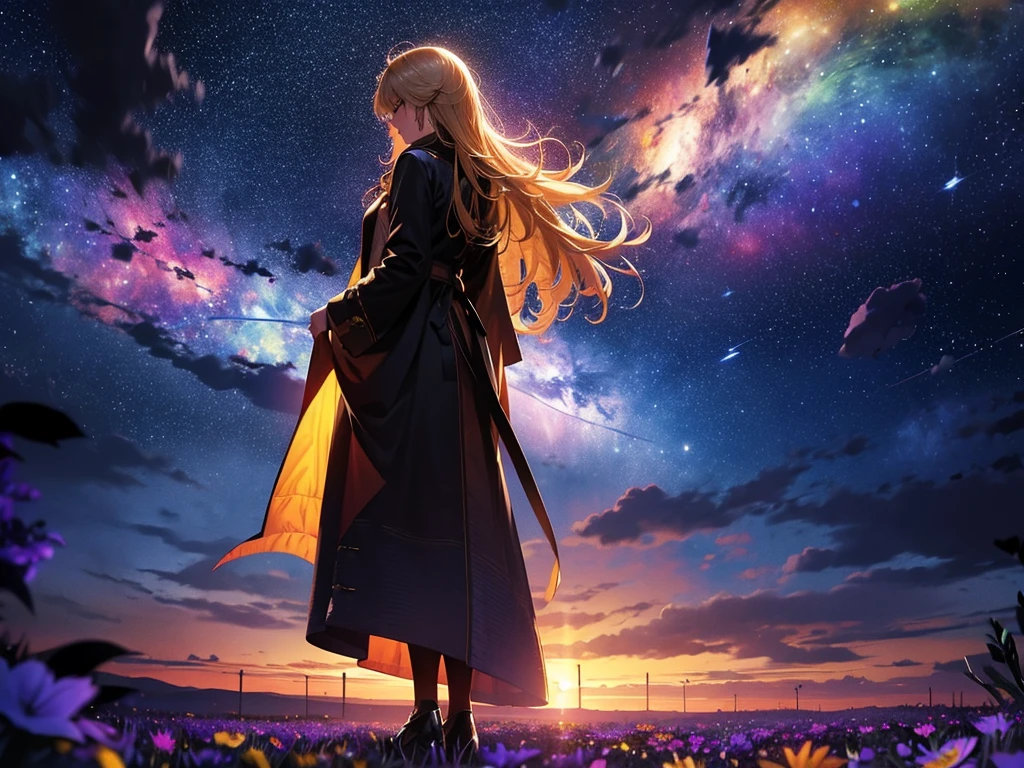 1people々々々々々々,Blonde long-haired woman,Long coat, Dress Silhouette, Rear View,Space Sky, Starry Sky,rainbow,Flower Field,Colorful flowers