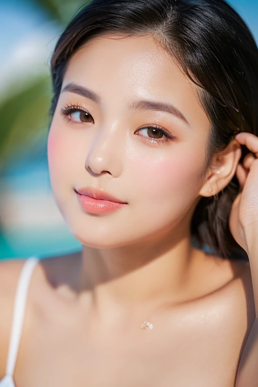 ((best quality)), ((masterpiece)), (detailed),  perfect face, dressed, (50mm lens, f/5.6),  (photo realistic:1.4), (smoother lighting:1.05), 4k, a Japanese woman, 20 year old girl, realistic lighting, Backlight, light shines on your face, ray tracing, (bright light:1.2), (Improvement of quality:1.4), detailed eyes, detailed face, high quality eyes, short hair, (( plump lips:1.4 plump chin:1.3, plump cheeks:1.3)), off shoulder, (Enhance the mood of your body line:1.0), (Enhances the beauty of skin texture:1.1), full body, beach, add flavor of tropical island