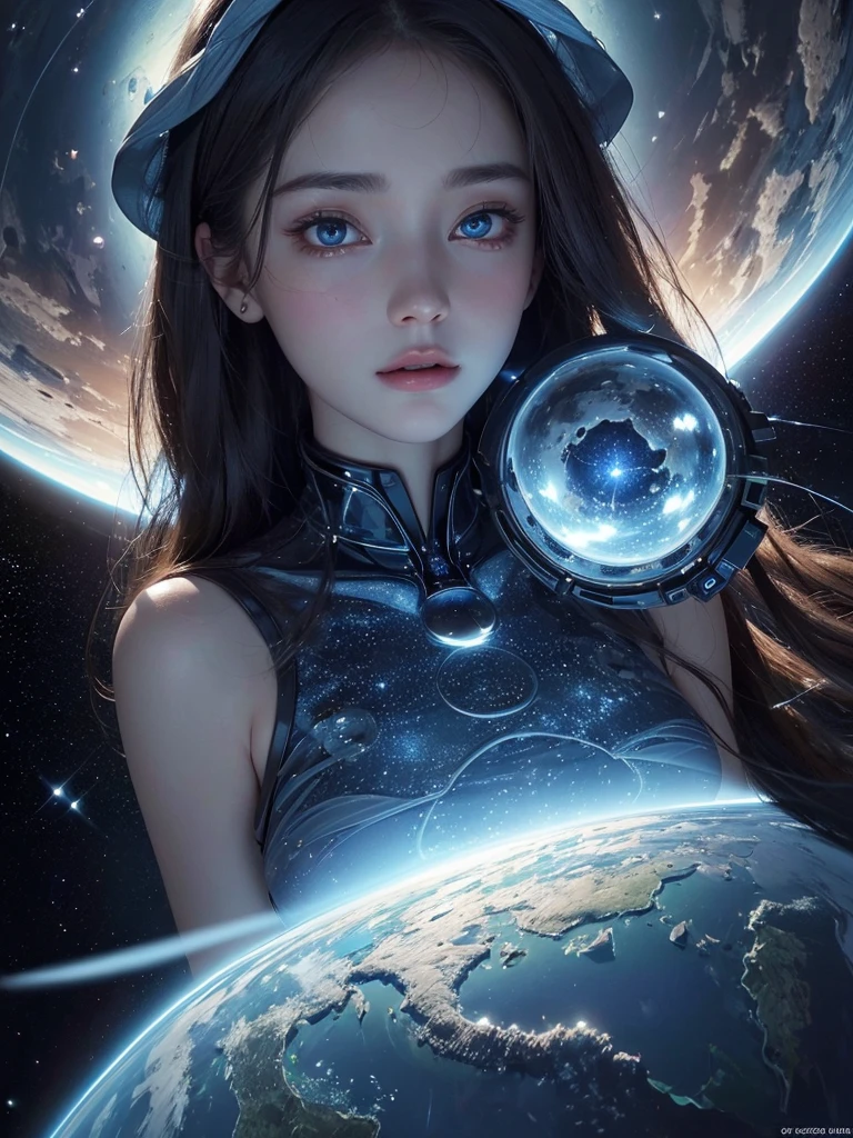 (surreal,High resolution, Very detailed:1.2), (8K), (Beautiful and delicate eyes, a delicate face:1.2), (Top quality), (Ultra Detailed), ((masterpiece)), Beautiful woman experiencing weightlessness in outer space、Beautiful shape、Langheier、Beautiful woman with blue eyes、wearing a space suit、You can see the beautiful blue earth in the background。