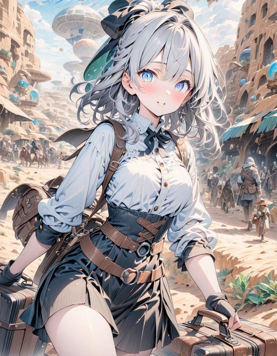 ((style:colored pencil,Pale colors)),(anime)、(masterpiece:1.2),middle ages、Traveling Merchant Girl、luggage、traveller、Desert World