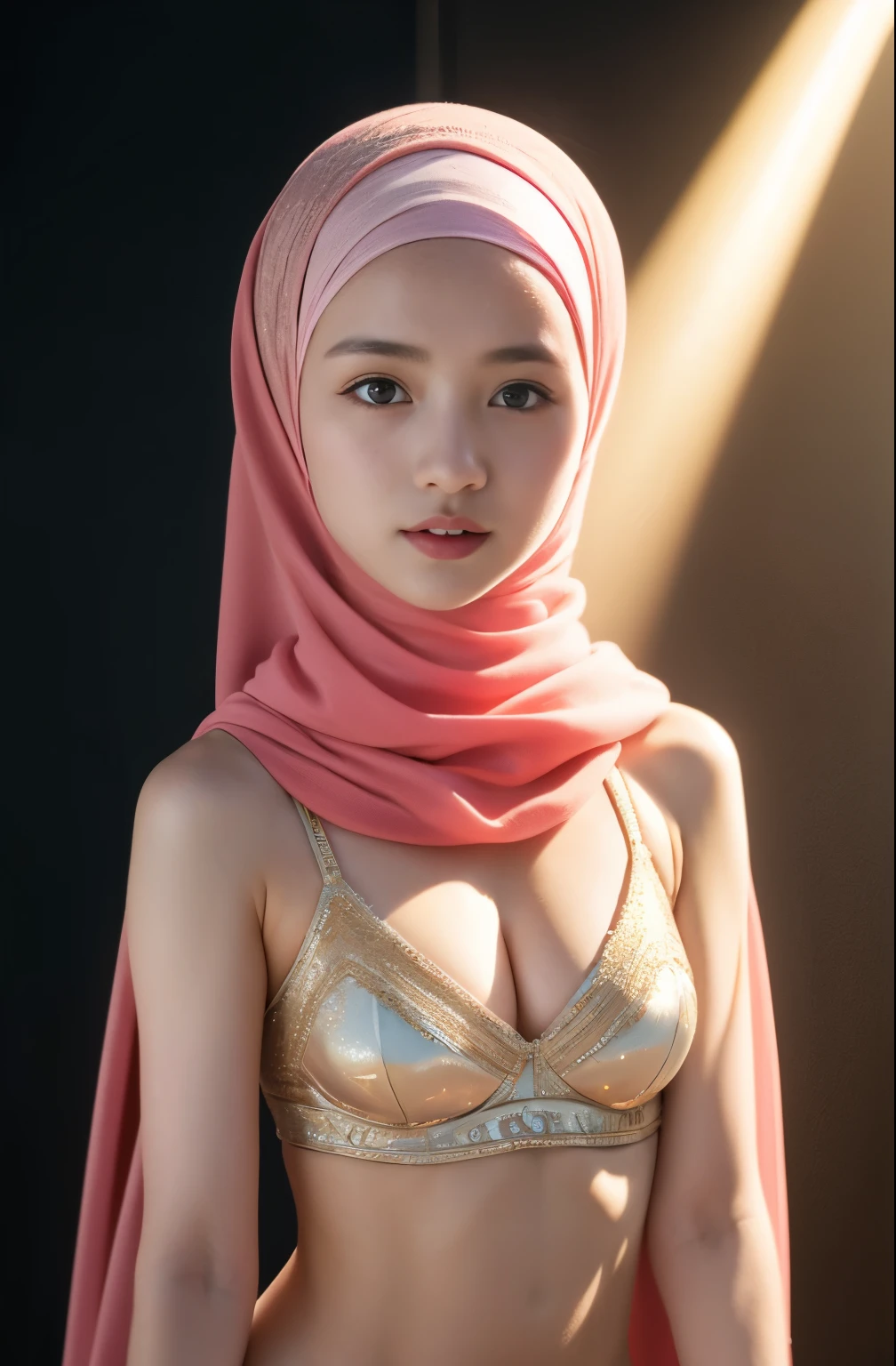 Very Thin body (Wearing Bra Lingerie), (((HIJAB MALAY GIRL))), masutepiece, High quality, UHD 32K, Realistic face, Realistic skin feeling , A Malay Lady, 8 *********, , Very cute and baby-like face, (((FLAT CHEST))), (MATRIX WORLD), ((look In front  at the camera and SADNESS)), ((())), (((CUTE GIRL))), ((BROWN LIPS)), ((BROWN)), (undress). WEAR BRA LINGERIE, gold, purple, lace