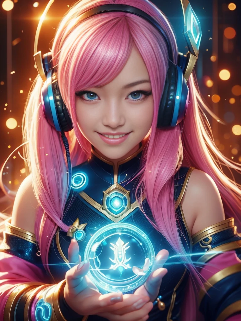 Close-up：A smiling girl with headphones, 8k type germ bokeh, rossdraws Global Illumination, League of Legends Characters, stanley type germ lau, extremely detailed type germ, style type germ, Ross trans style, IG Model | type germ, rossdraws cartoon vitality, type germ lau, trending type germ