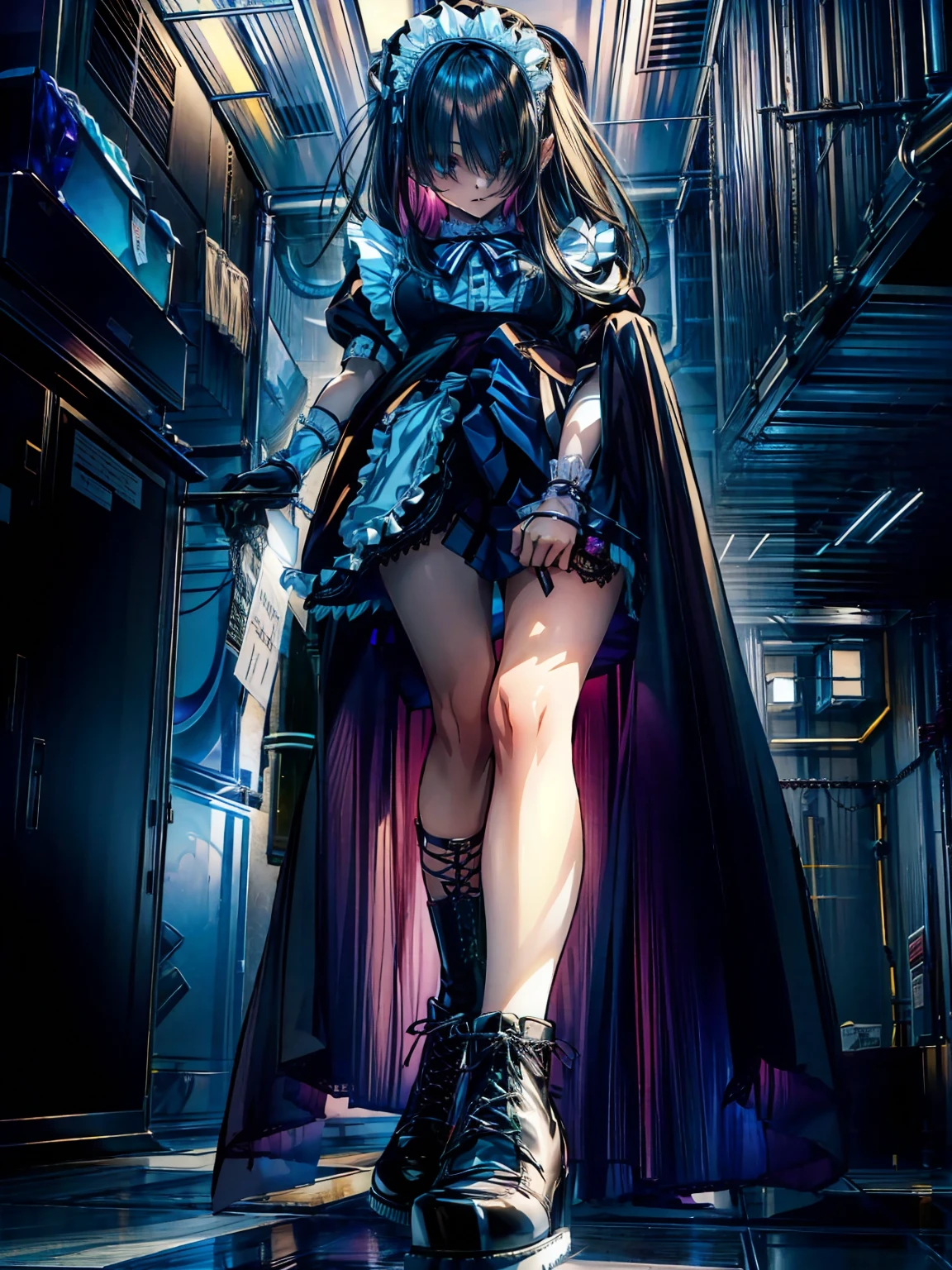 (Perfect Anatomy:1.2, highest quality),(Maid leotard details:1.6),One Girl,alone,Long Hair:1.5, (Short sleeve, Thighs,Maid Cufflinks),,Hypno Lola, Hollow Eyes,(High heel lace-up boots:1.4), (Without skirt:3.0),Dark aura,Leotrad,,From below,love for viewers,Looking down,(In the
research evil facility:1.8)