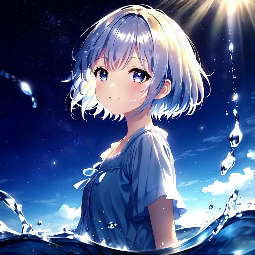anime、beautiful girl、10 talents、A face that retains its youthfulness、short hair、Her hair is cut short, just short of her shoulders、Bright eyes、Sparkling eyes、A cheerful smile、Gazing into the distance、profile、dancing、Clear water flows like a waterfall、Fantastic World、night、Starry Sky