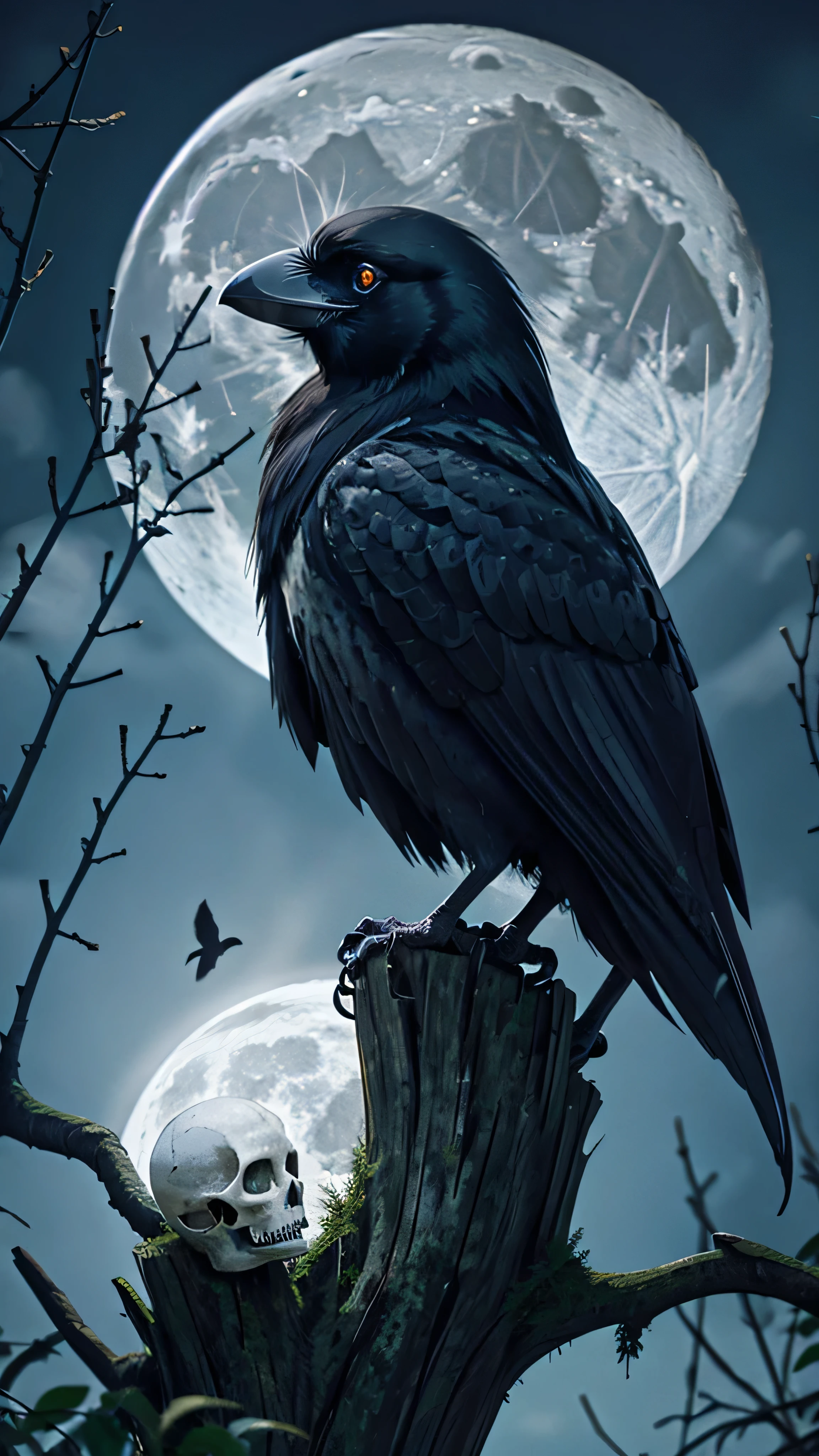 Raven, skull, night, full moon