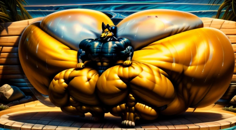 4k, high resolution, best quality, perfect lightning, perfect, solo, anthro, young, boy,golden yellow wolf:2.0, furry body, (fluffy mane:1.2), fluffy tail, male, adult, (bulky2:0, thick muscles2:0, huge muscles:2.0, hyper muscles:2.0), (thick biceps, veiny biceps, broad shoulders:2.0), (thick legs, thick calves:1.1), (digitigrade legs, 4 toes:1.2), perfect colors, (photorealistic fur, detailed fur, epic, masterpiece), (suggestive posing:1.2), (seductive smile, lustful grin 1.3), detailed beach,detailed wolf eyes:2.0, by k0suna, by darkgem,nipple ring,hyper arms:2.0,veins,white body,golden yellow fur,hyper butt:2.0,hyper paws:2.0,standing,thick legs,thick butts:2.0,sweat body:2.0,massive butt:2.0,black hat,hyper ass:2.0,huge ass,long legs,juicy butt:2.0,butt like a wall