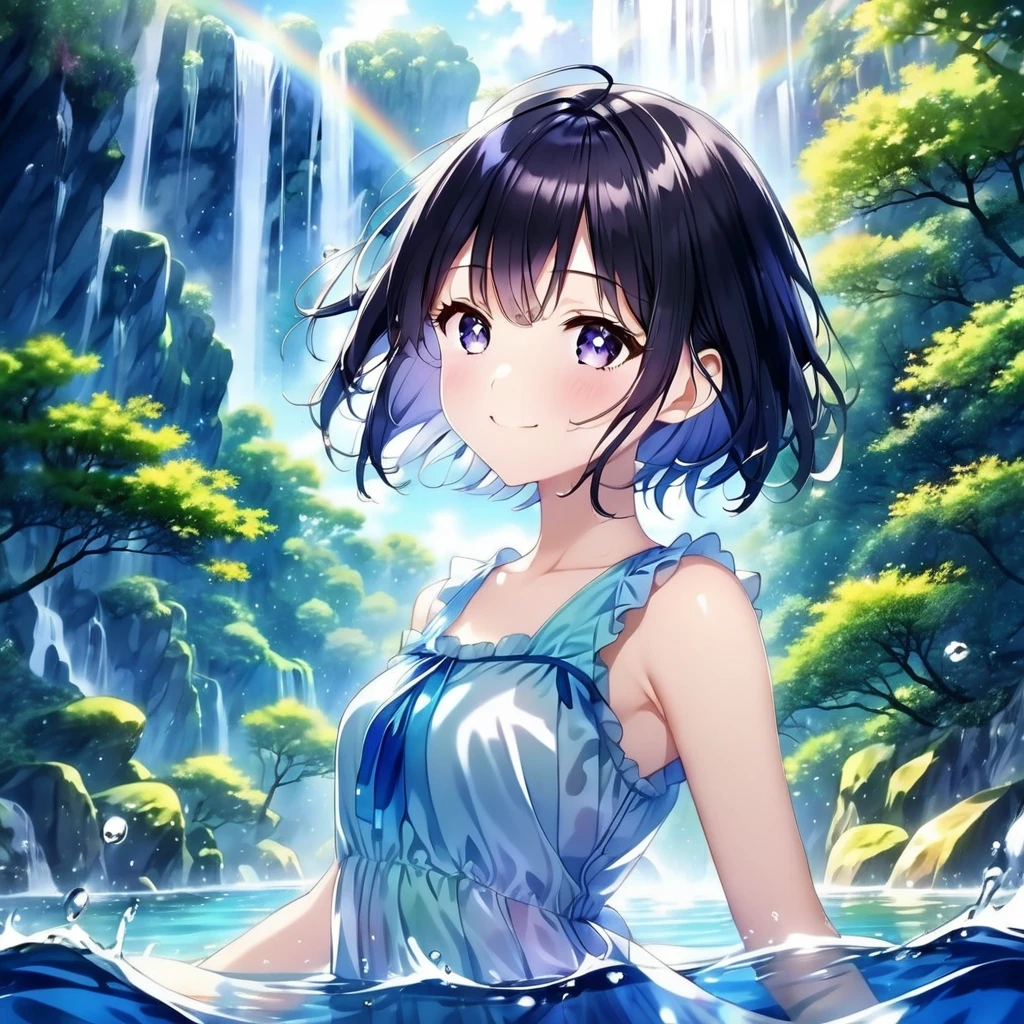 anime、beautiful girl、10 talents、Black Hair、A face that retains its youthfulness、short hair、Her hair is cut short, just short of her shoulders、Bright eyes、Sparkling eyes、A cheerful smile、Gazing into the distance、profile、dancing、Clothes：Bright dress、Clear water flows like a waterfall、sunrise、rainbow、Fantastic World