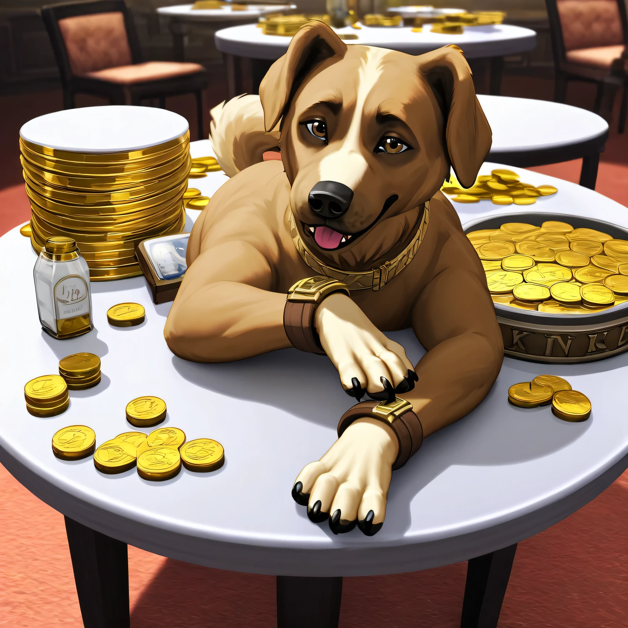 1 dog, golden coins, table, wallet, 8k uhd, high quality, 4k