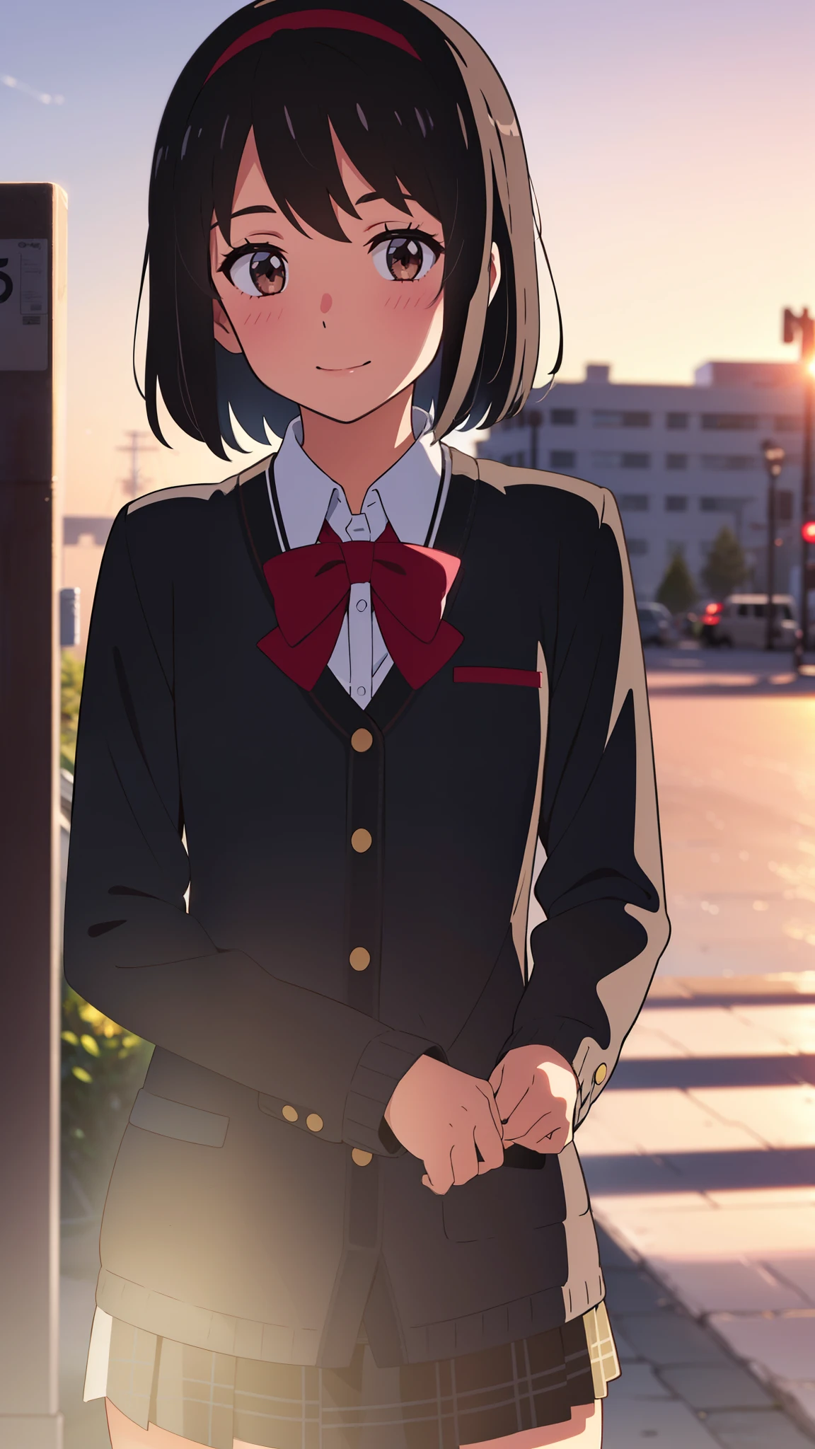 shinkai makoto, kimi no na wa., 1girl, bangs, black hair, blush, brown eyes, shinny skin, red headband, red ribbon, red bow, collared shirt, white shirt, black cardigans, black skirt, plaid skirt, looking at the viewer, short hair, cute, smile, solo, upper body, long sleeves, outdoors, sunset background, evening