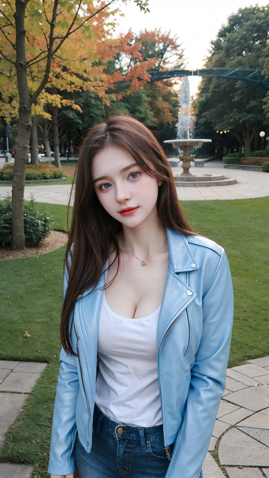 Gorgeus Girl, Beautiful, Baby Face, 20 Years Old, White Skin, pale skin, large breast, Beside, Sexy Pose, long red t-shirt, Blue Eye, Bokeh, park Background, Masterpiece, asking for a hug, full body Shot, open arms, Leather Jacket Long Sleeve Zipper