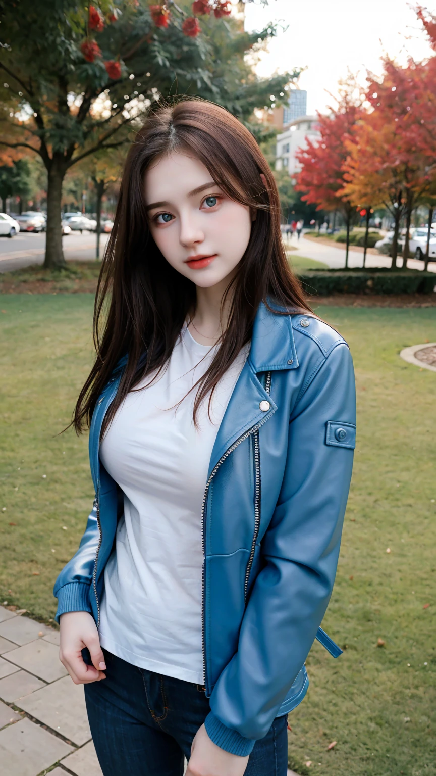 Gorgeus Girl, Beautiful, Baby Face, 20 Years Old, White Skin, pale skin, large breast, Beside, Sexy Pose, long red t-shirt, Blue Eye, Bokeh, park Background, Masterpiece, asking for a hug, full body Shot, open arms, Leather Jacket Long Sleeve Zipper