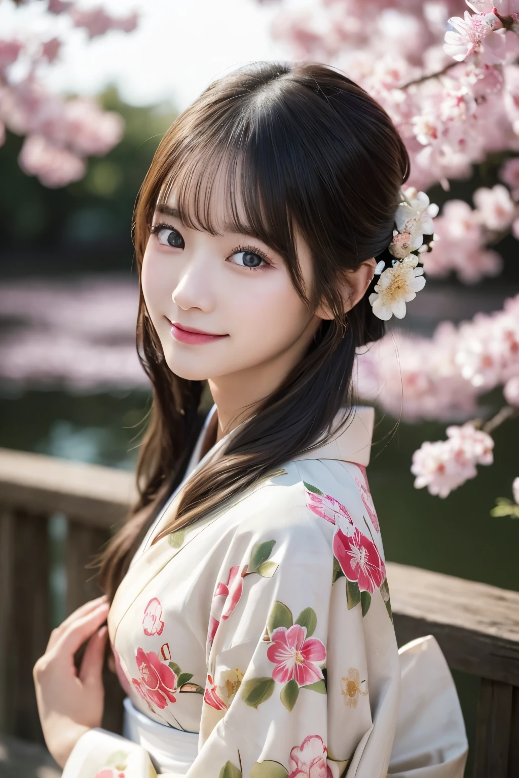 (kimono)、masterpiece、beautiful girl、Beautiful detailed eyes、highest quality, 超A high resolution, (reality: 1.2), Cinema Lighting、(Japanese Girls)、so beautiful、Beautiful Skin、(Looking at the audience)、(Surreal)、(High resolution)、(8k)、(Very detailed)、(Beautiful fine details)、(Very detailed)、 (wallpaper)、Detailed face、Bright lighting、Professional Lighting、Smile
