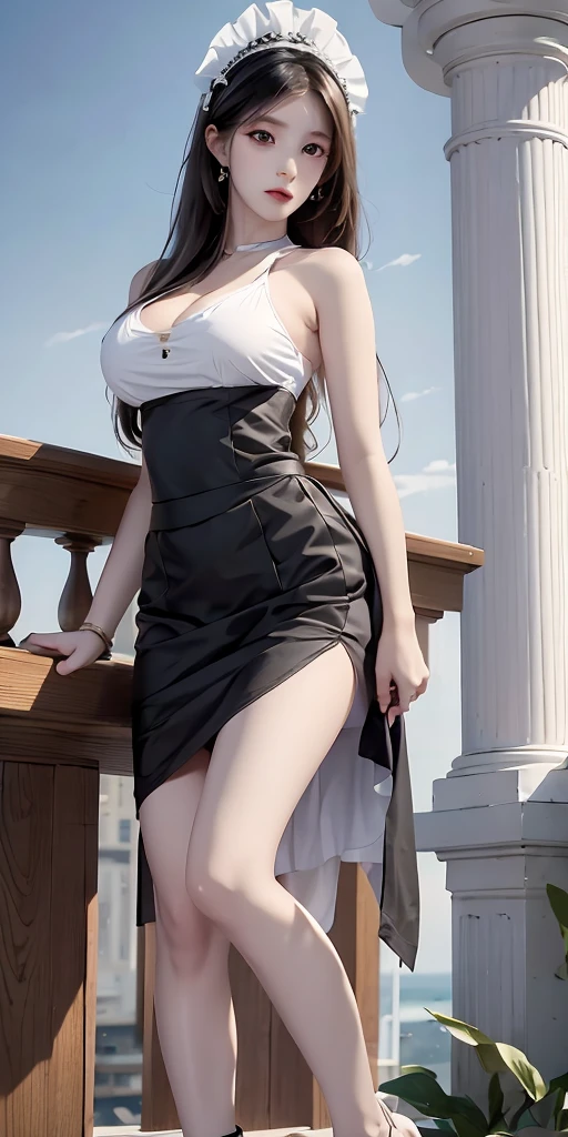 1girl,solo,large breasts, indomitable maid,,black hair,long hair,maid_headdress, kashino, standing,skirt hold, sarashi,
