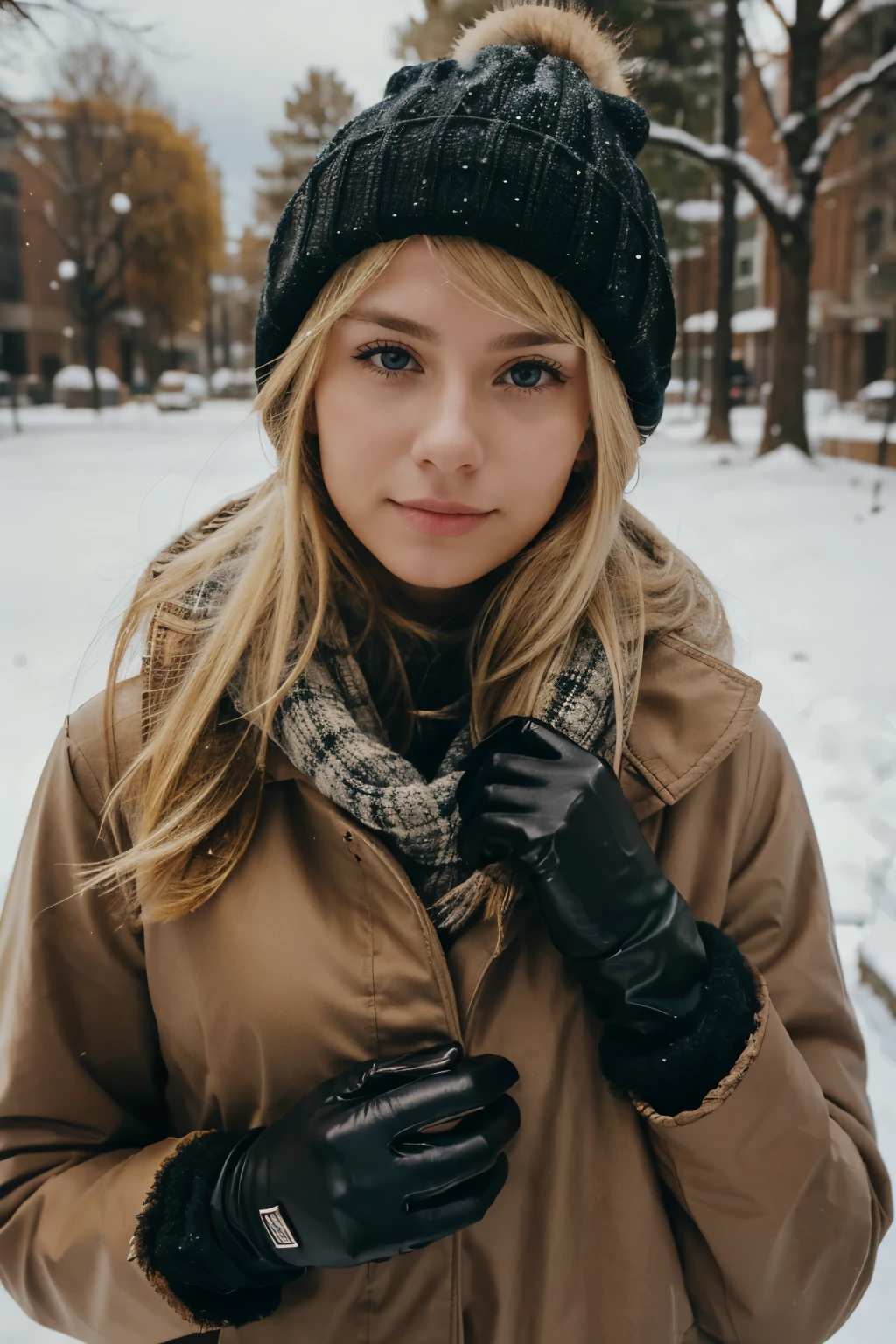 Linda garota, about 23 years old with blond hair and a winter outfit and gloves looking at the camera