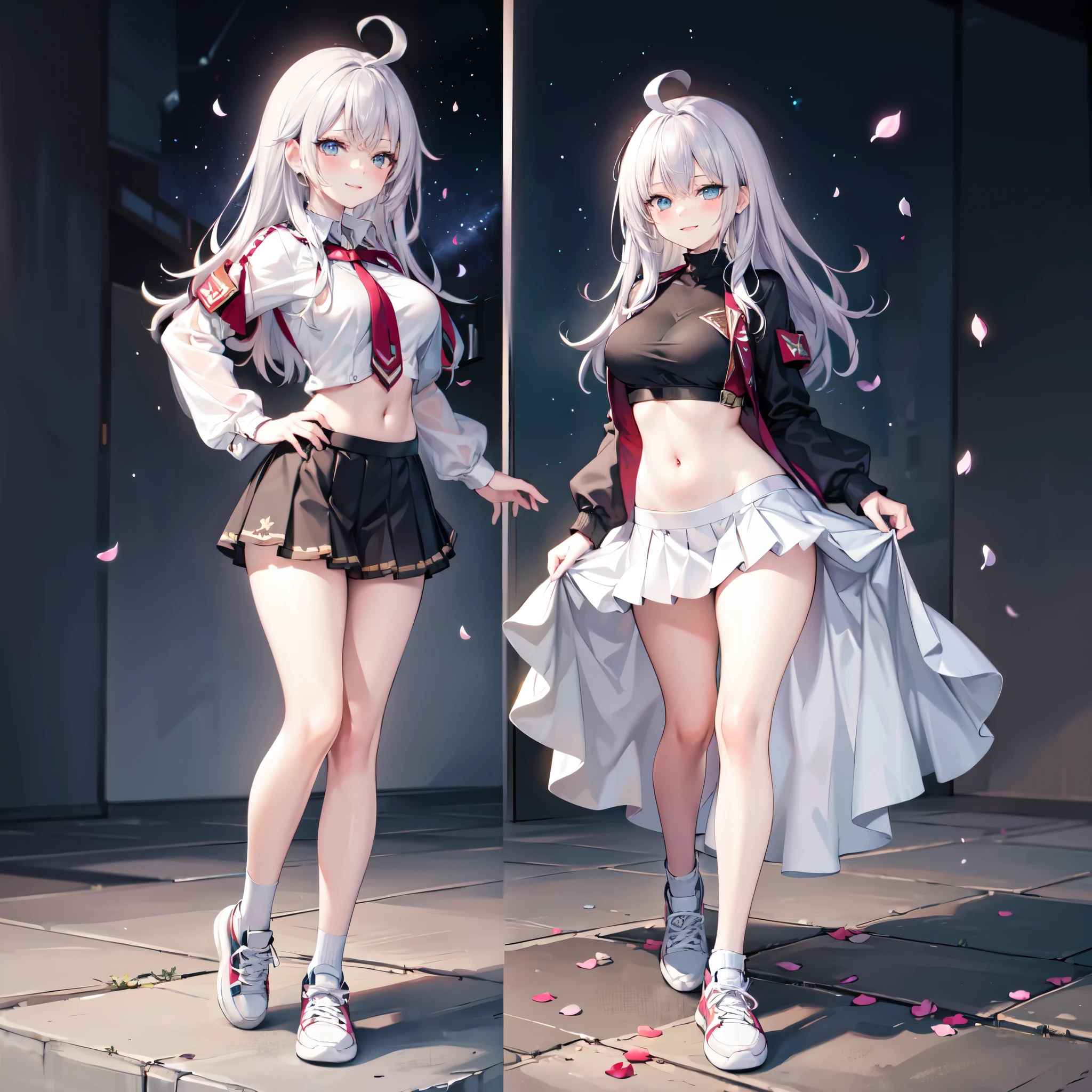 realistic image, detailed image, coherent image, 1 beautiful girl, she has very long hair, white hair, light blue eyes, smiling expression. She is wearing a long-sleeved t-shirt, showing her navel, a pleated miniskirt, sneakers, She has a curvy body, medium breasts and thick thighs, She is posing sensually, lifting her skirt a little, arching her back, black background, uniform background, starry night, flower petals falling around, Soft focus, full body view, Dramatic shadows, Volumetric lighting, natural lighting,Alisa Mikhailovna Kujou,ahoge