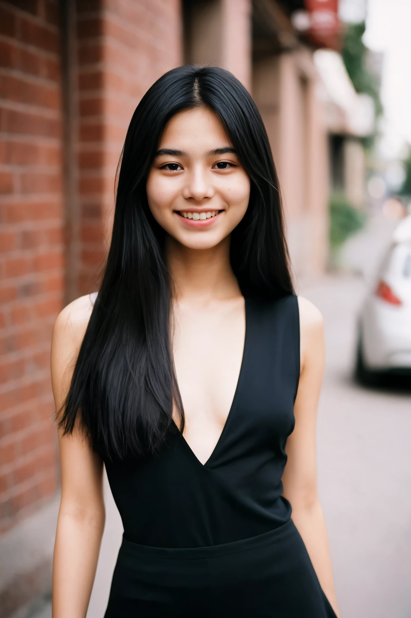 realistic photo of a 19-year-old Asian girl, beautiful face, long black hair with stylish cut, adorable appearance with a mesmerizing smile, in a body suit with mini skirt, casual pose and playful attitude, in the middle of small town, brimming with emotion, interplay of contrast along with detailed light and shadow, depth of field, people in a blurred background,