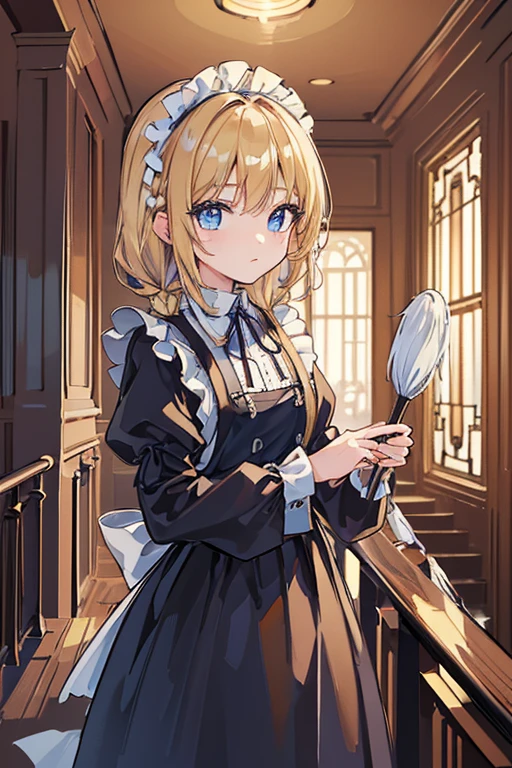 (8k, highest quality, Tabletop:1.2)、Ultra-high resolution、Cowboy Shot、****************, Perfect Fingers, Detailed face, blue eyes, blonde, Braiding、Black maid outfit,  Western-style building、Entrance、(Staircase handrail mopping:1.2)