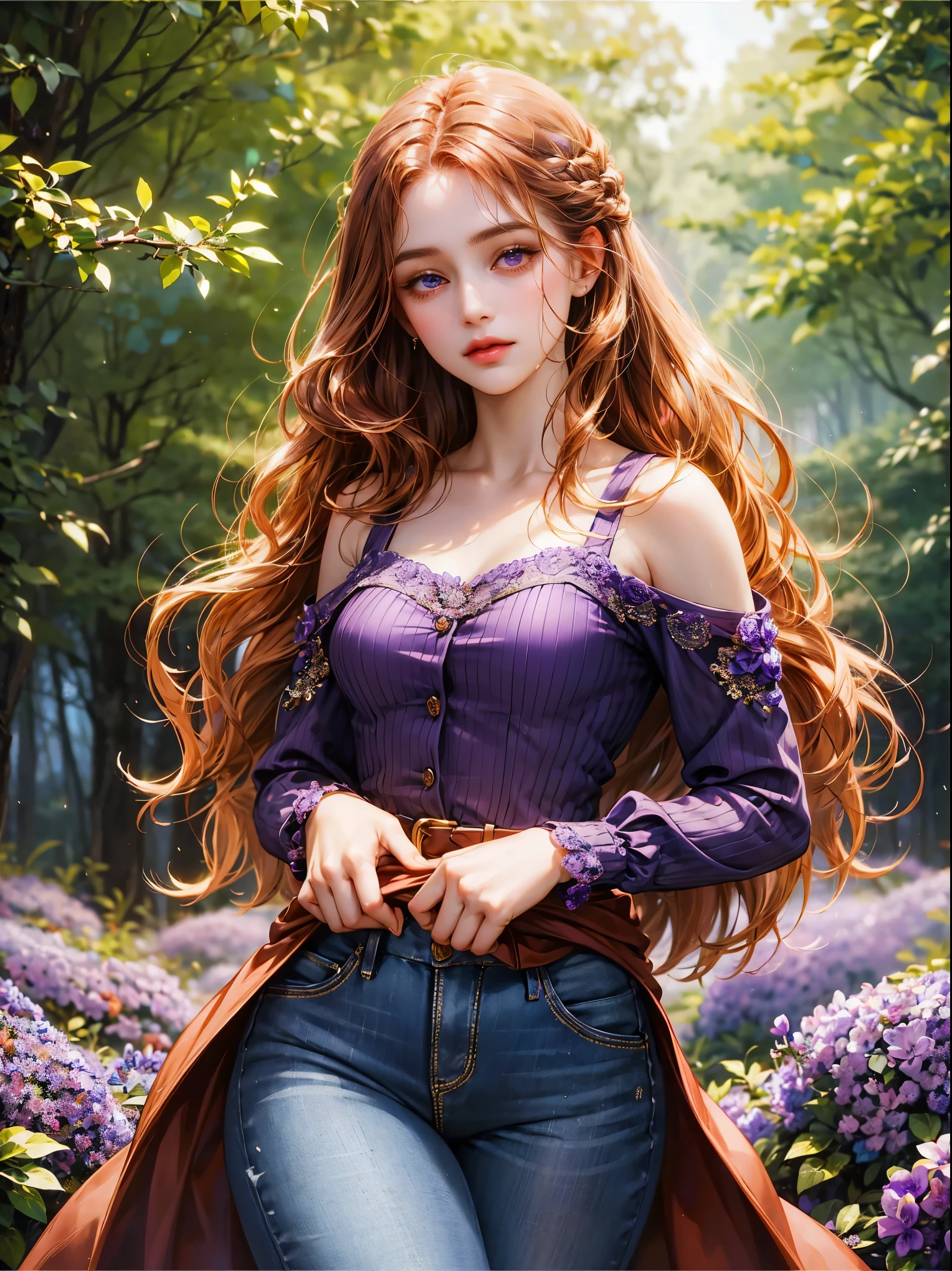 A girl, medium copper colored hair, wavy hair, small breast, no bangs and violet eyes. She wears a violet shirt with long jeans, beautiful girl, detailed eyes, detailed face, detailed hands, she looks at the viewer. Full figure. Background a forest, she is wrapped in amethyst flowers