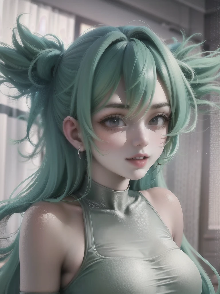 (masterpiece), (best quality), Very detailed, HDR, 1 Girl, Focus only, Skin dentition,Sports Bra，shorts，Romper， Perfect face, Facial swelling, Pretty Face, big eyes, Puffy eyes, Perfect eyes, eyelash，Hatsune Miku，Very detailed face，