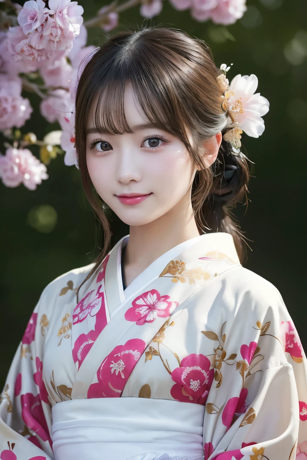 （kimono）、masterpiece、beautiful girl、Beautiful detailed eyes、highest quality, 超A high resolution, (reality: 1.2), Cinema Lighting、(Japanese Girls)、so beautiful、Beautiful Skin、(Looking at the audience)、(Surreal)、(High resolution)、(8k)、(Very detailed)、(Beautiful fine details)、(Very detailed)、 (wallpaper)、Detailed face、Bright lighting、Professional Lighting、Smile