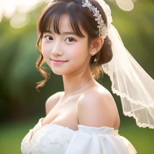 Middle school students 13 years old girl Cute face Cute hairstyle Wearing a wedding dress Off the shoulder Big Breasts