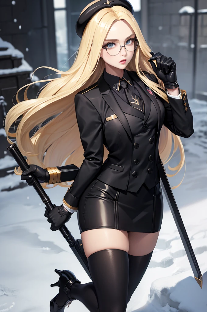 masterpiece, best quality, Blonde Hair, Kolin, Glasses, Black shiny skirt suit, (((3-piece-suit))), tie, Casual suits, suit, Vest, tight skirt, snow, Gray sky, Black gloves, Holding a clipboard, looking at the audience, High heel