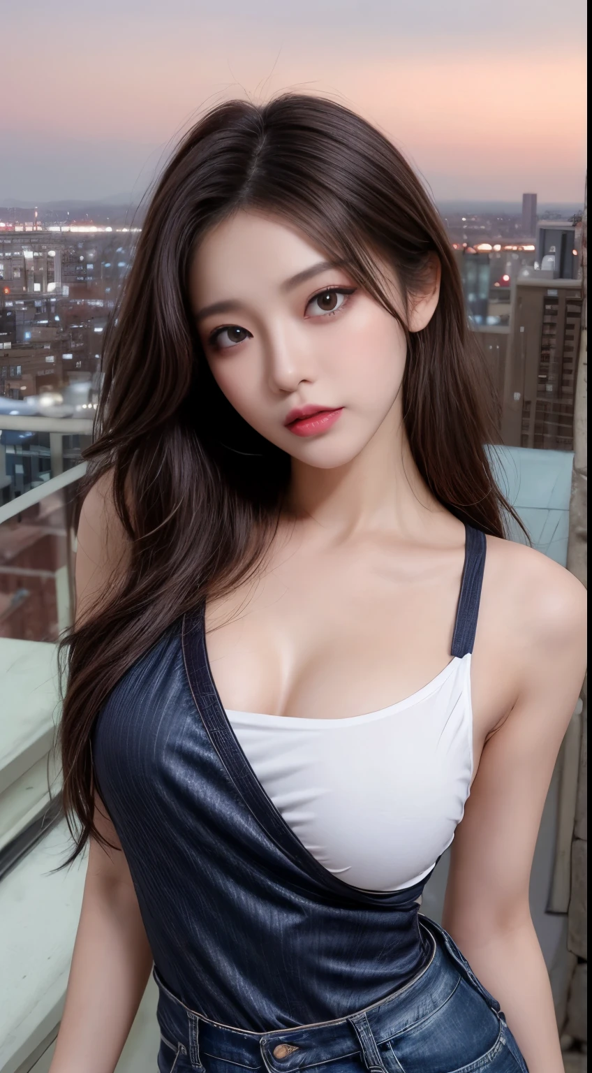 ((Midnight, highest quality, 8k, masterpiece :1.3)), whole body, Long legs, Sharp focus :1.2, Beautiful woman with perfect figure :1.4, Slim Abs :1.1, ((Dark brown hair, Big Breasts :1.2)), (White tight T-shirt, Jean Bib, Are standing:1.2), ((Night city view, rooftop:1.3)), Highly detailed face and skin texture, Fine grain, double eyelid